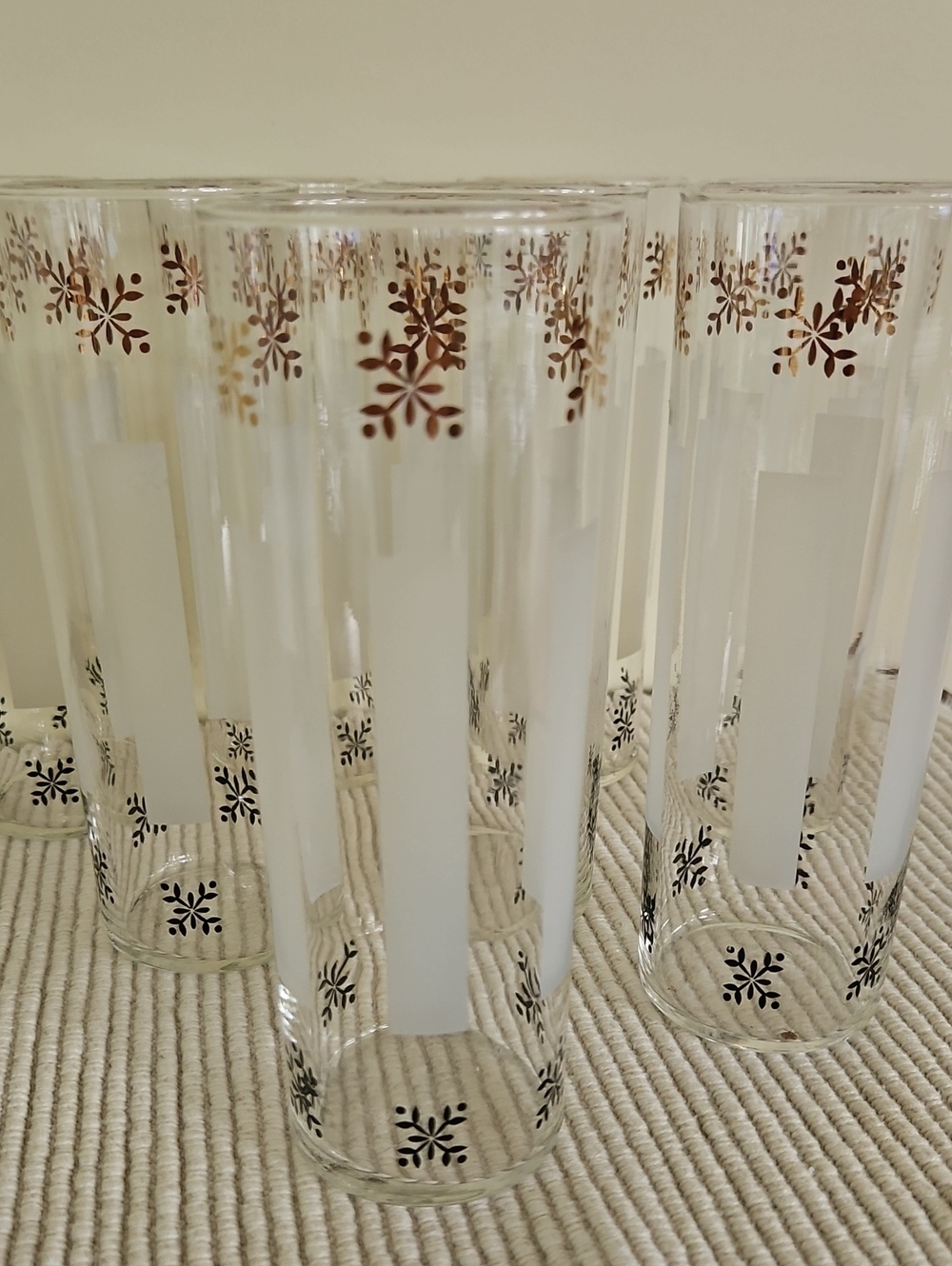 VTG Federal Glass MCM Black & Gold Snowflake High Ball/Collins Glasses -Set of 8